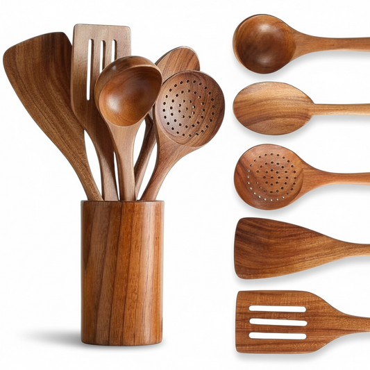 Natural Acacia Wood Kitchen Utensil Set | Non-Stick Safe
