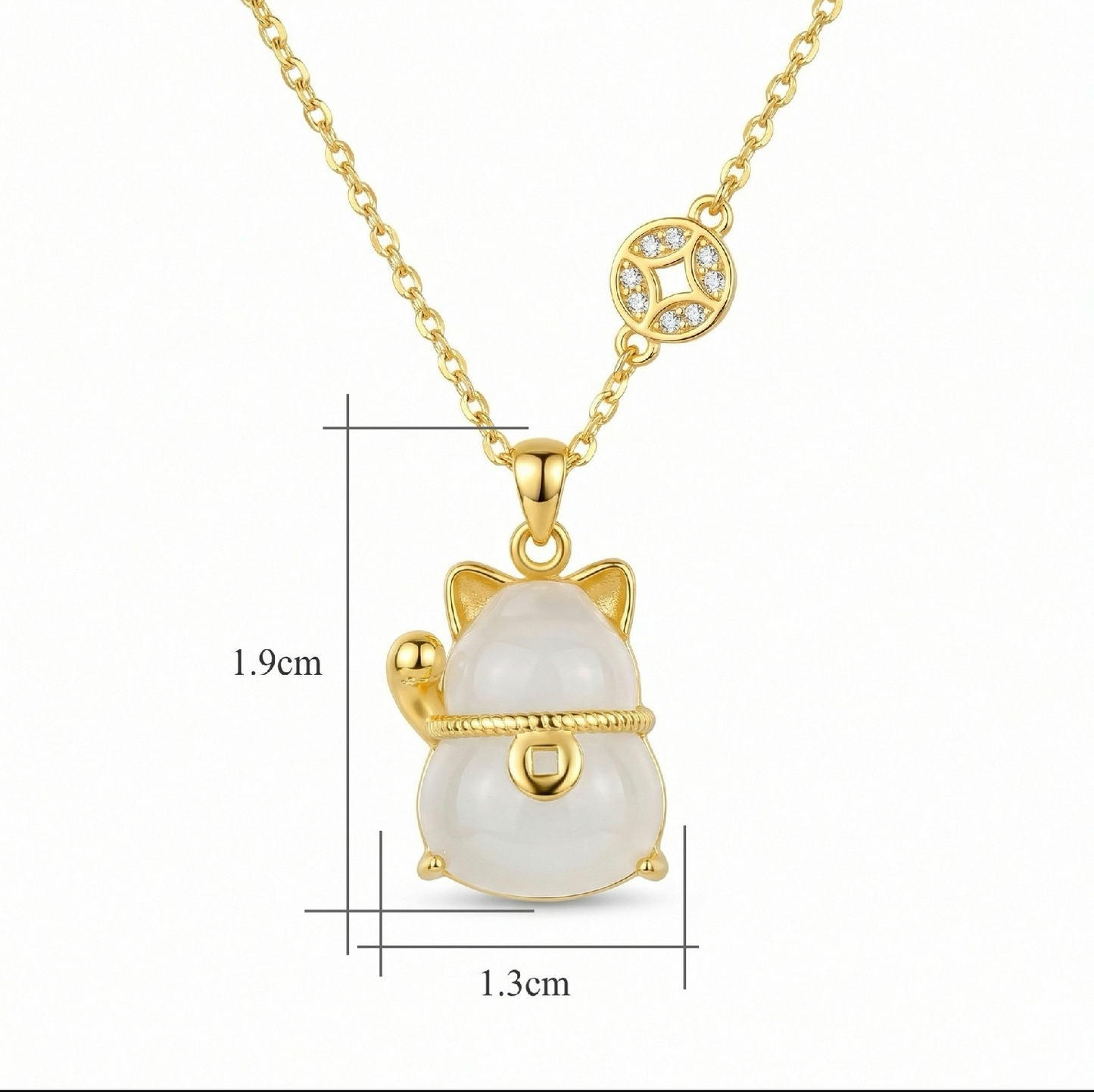 Maneki-Neko Lucky Cat Gemstone Necklace – Good Fortune Pendant with CZ Coin Charm