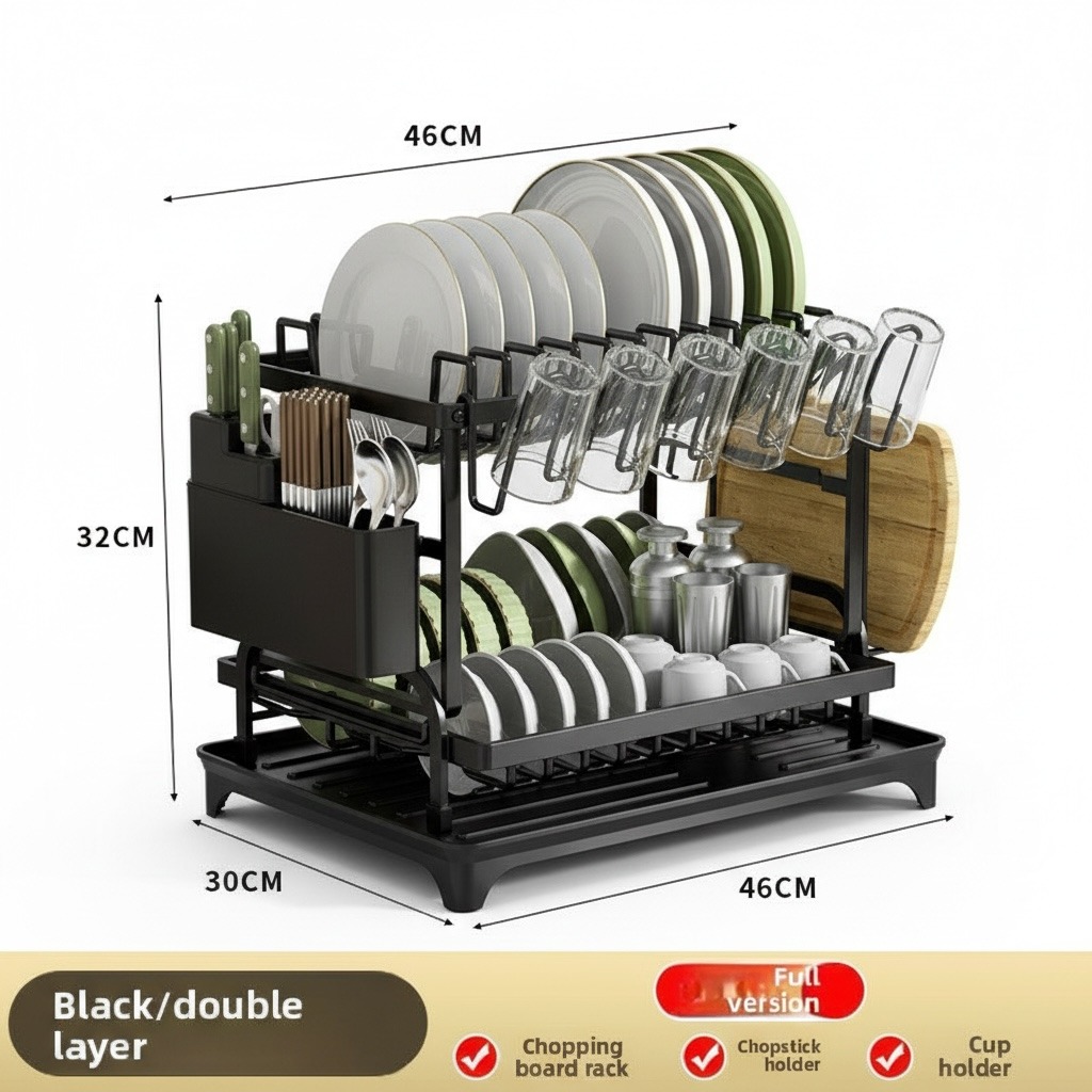 Double-Layer Self-Draining Dish Rack – Carbon Steel Countertop Kitchen Drying Rack