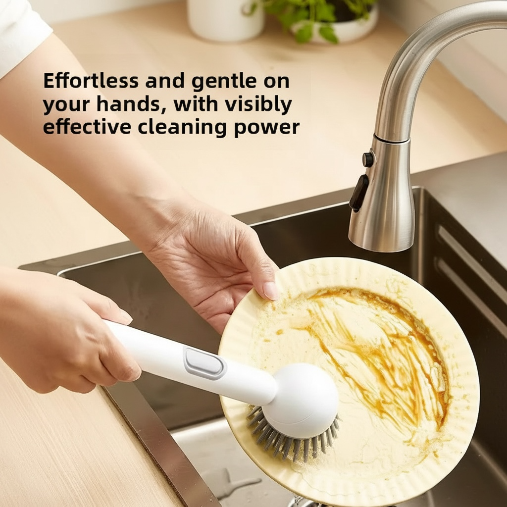 Liquid-Dispensing Long Handle Dish Brush with Soap & Hook