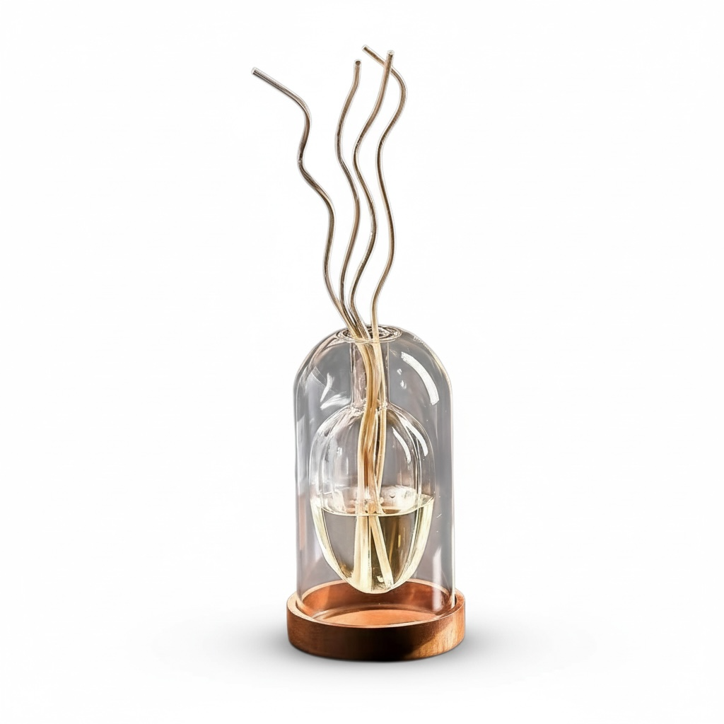 Top view of Luxe Aura reed diffuser showing oil and reeds