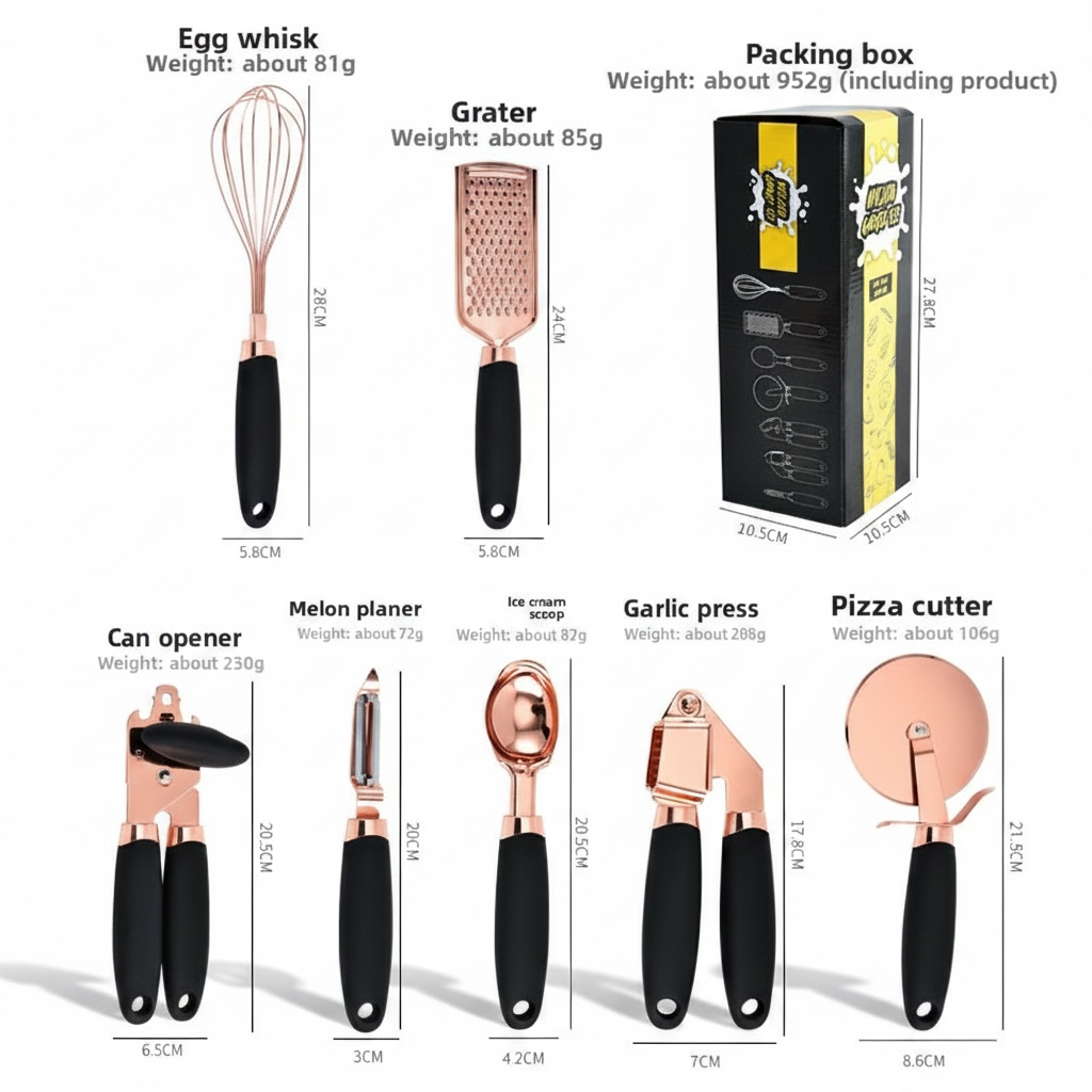 7-Piece Kitchen Tool Set | Rose Good Stainless Steel Utensils with Ergonomic Handles