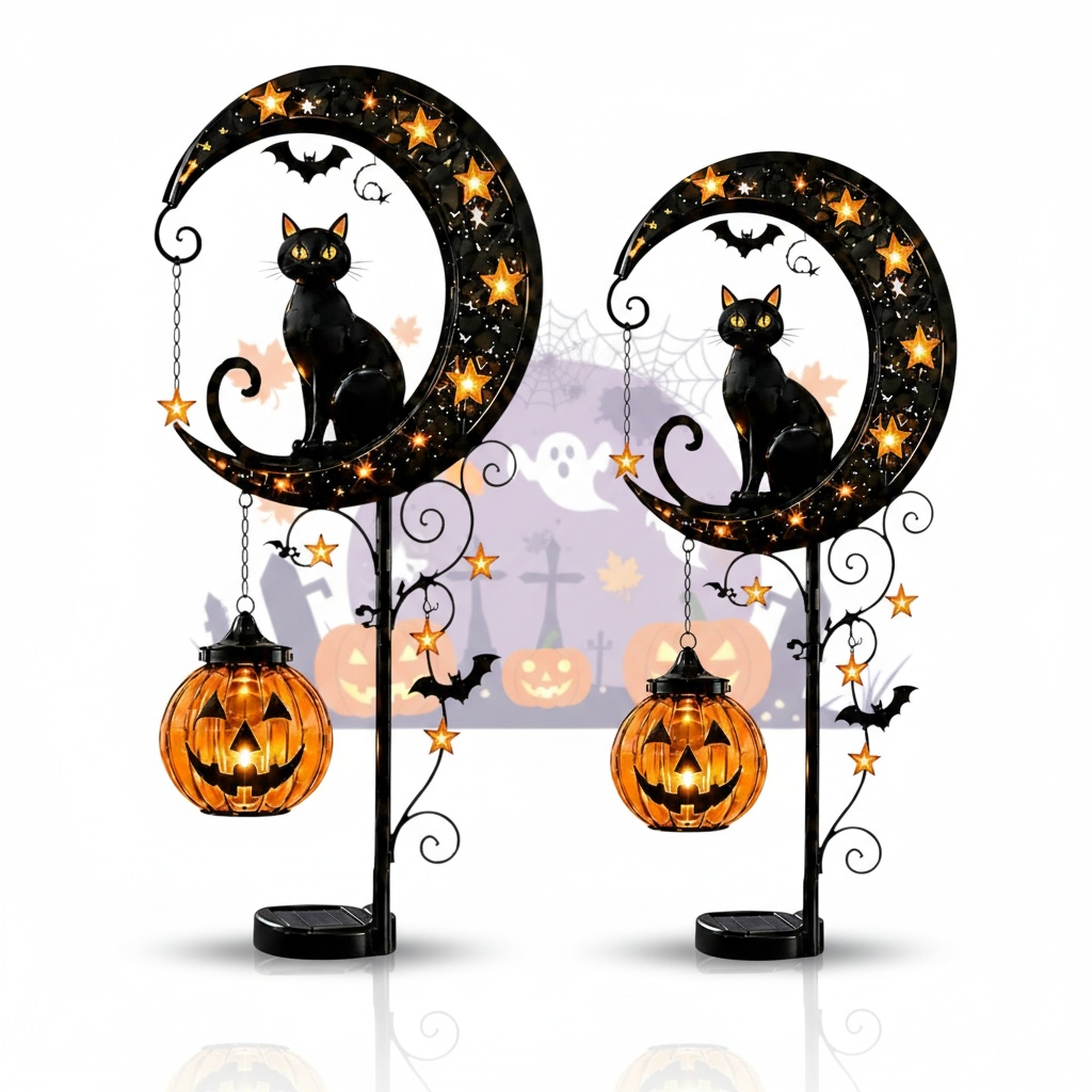 Halloween Metal Ground Lamp – Spooky Black Cat, Pumpkin & Ghost Outdoor Decor Light