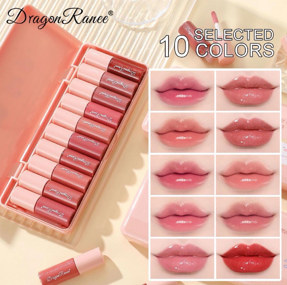 10-Piece Cartoon Lip Gloss Set with Mirror | Hydrating Shimmer Gift