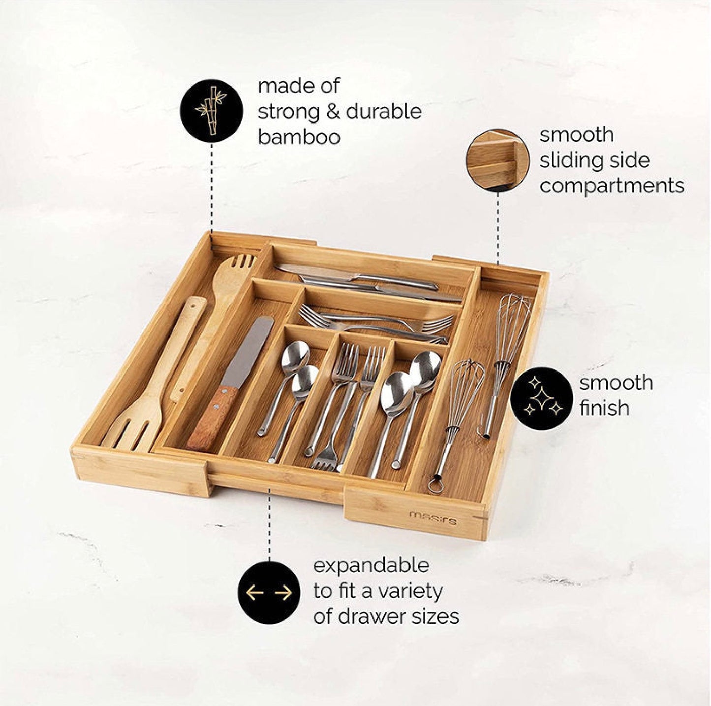 Expandable Bamboo Cutlery Drawer Organizer | Adjustable Utensil Tray 8 Compartments