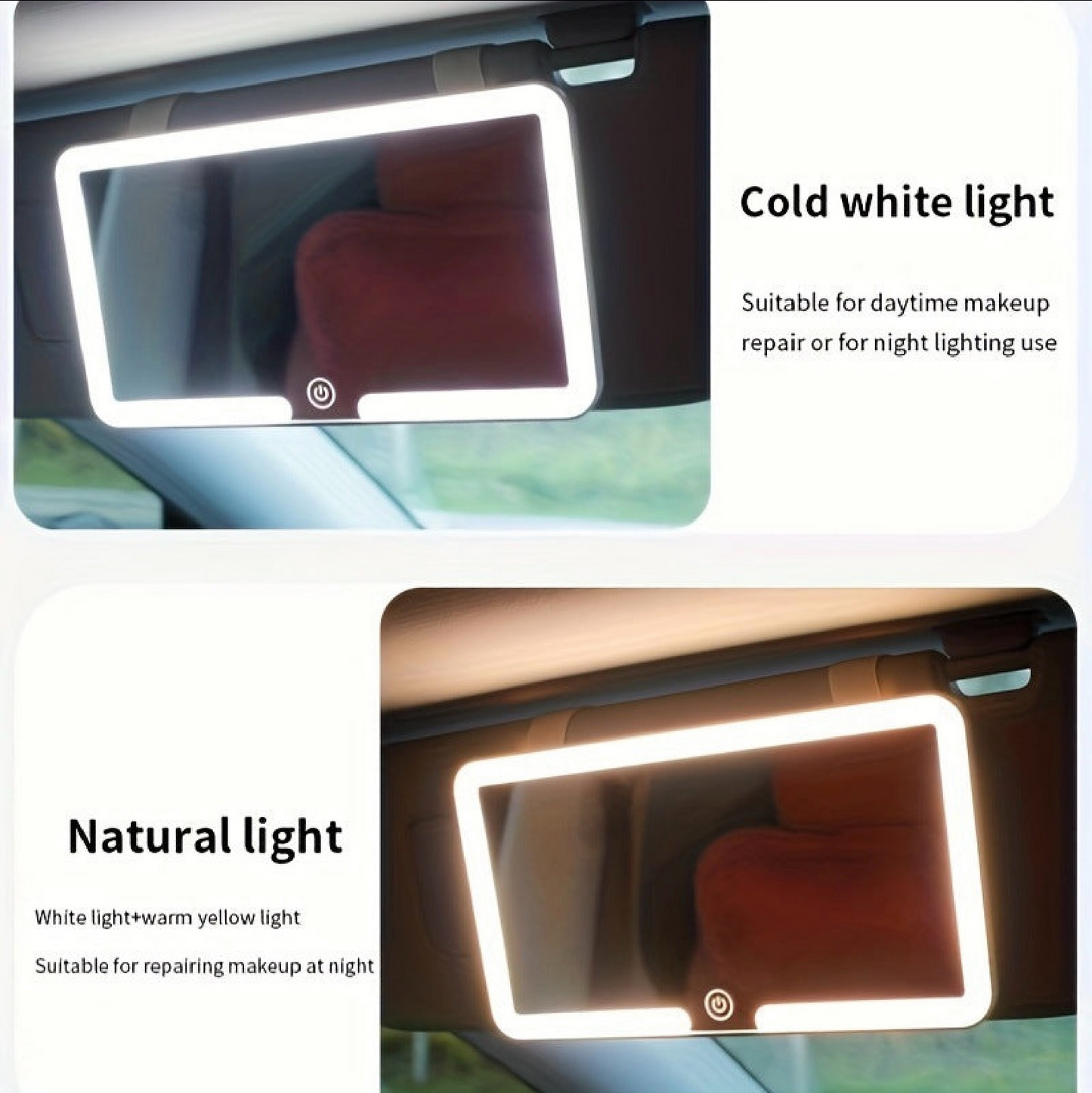 Car Sun Visor LED Makeup Mirror – 3-Color Light, Rechargeable & Clip-On