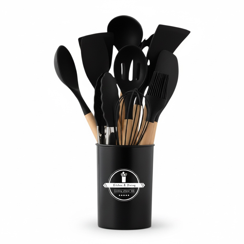 12-Piece Silicone Kitchen Utensil Set with Wooden Handles – Heat-Resistant Non-Stick Cooking Tools