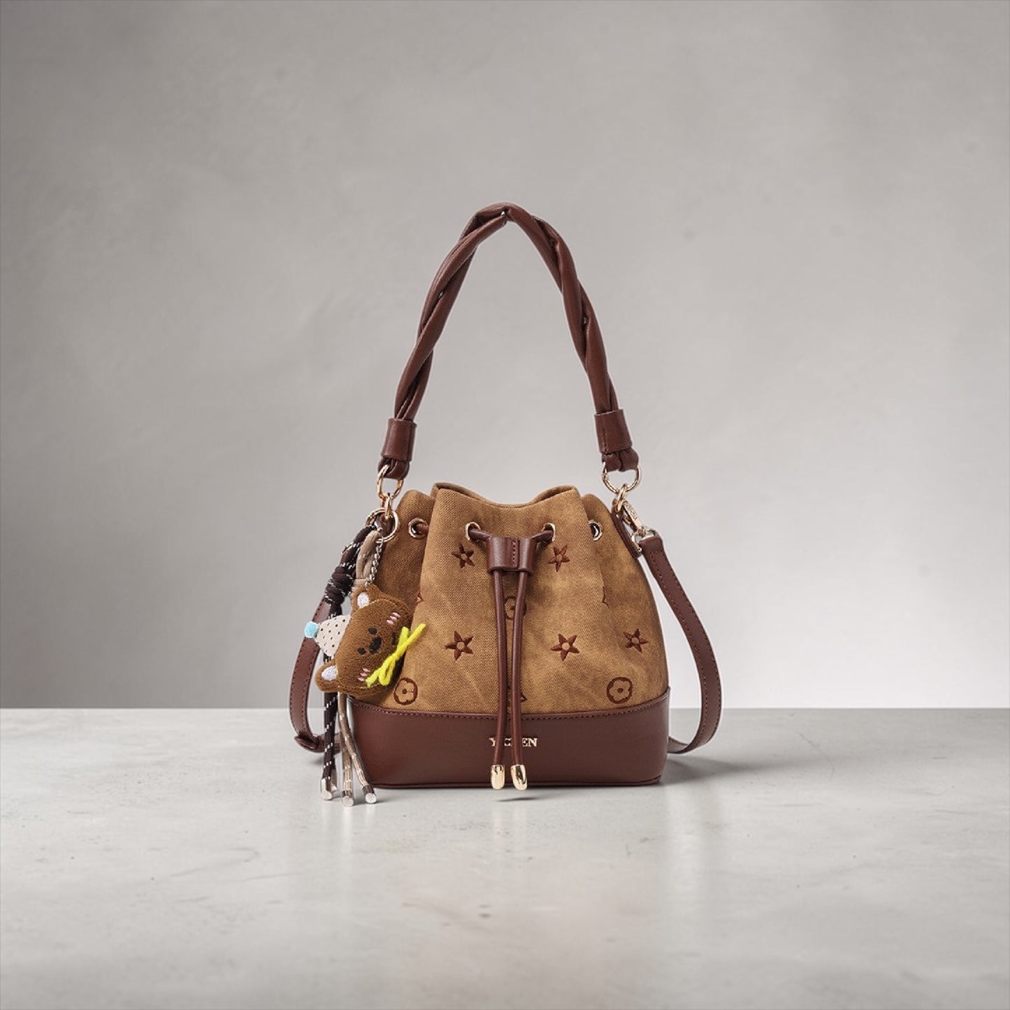 Women’s Two-Tone Bucket Crossbody Bag with Drawstring Closure