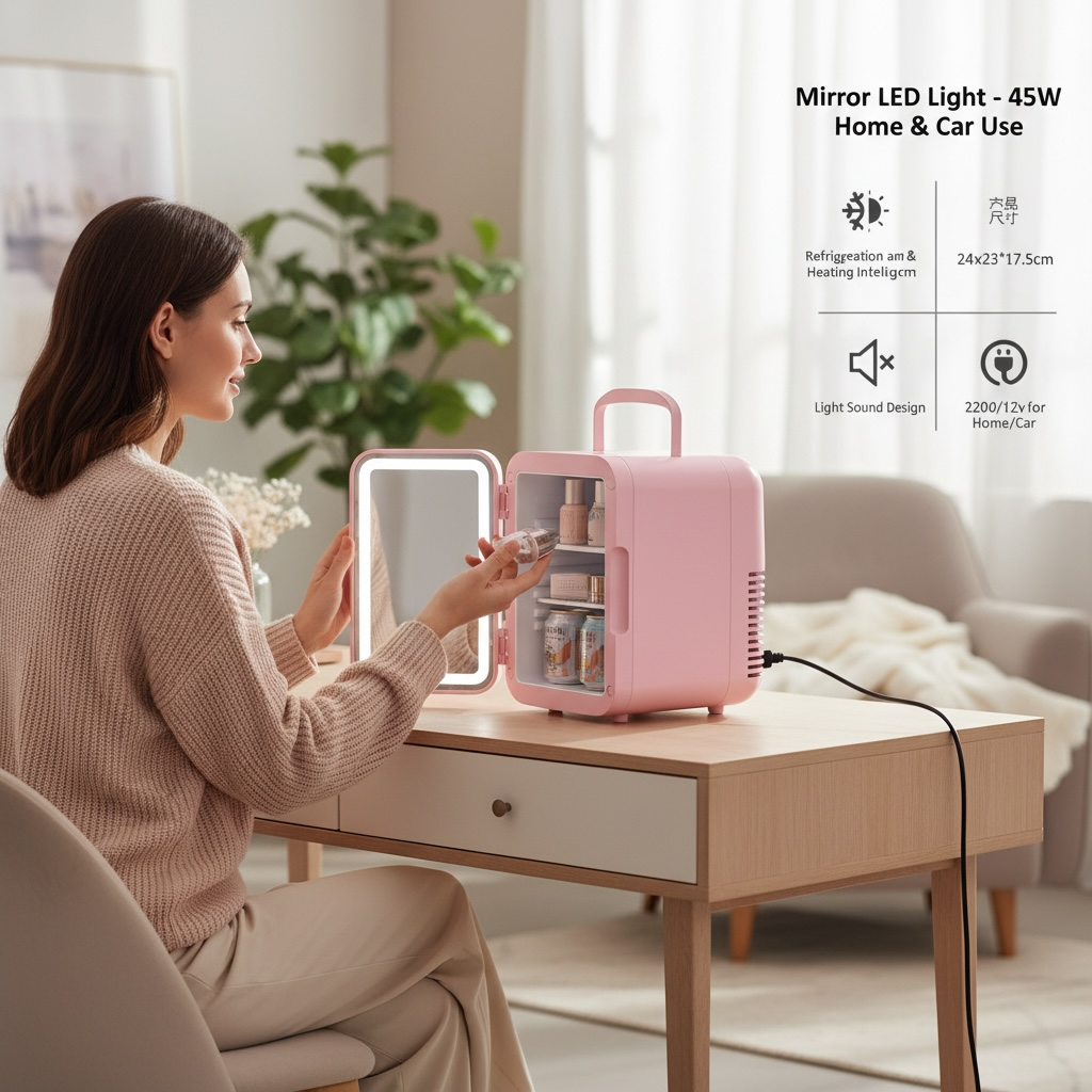Mini Fridge with Mirror & LED Light 4L | Home & Car Beauty Fridge