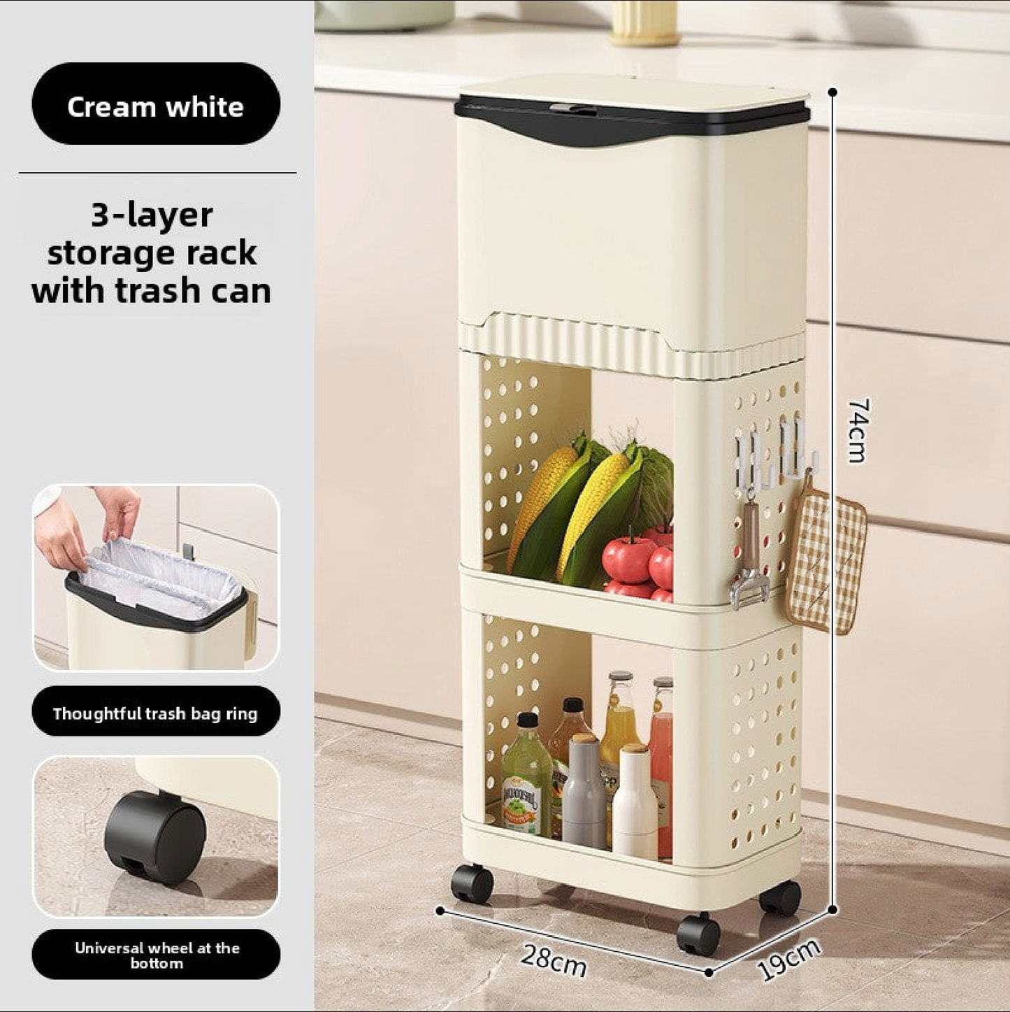 12L Multi-Layer Kitchen Trash Can – Push-Open Square Bin with Wheels