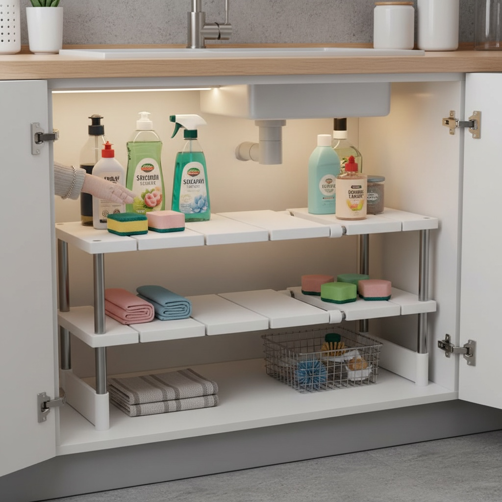 Extendable Stainless Steel Under-Sink Storage Rack – Adjustable Single/Double Layer Organizer