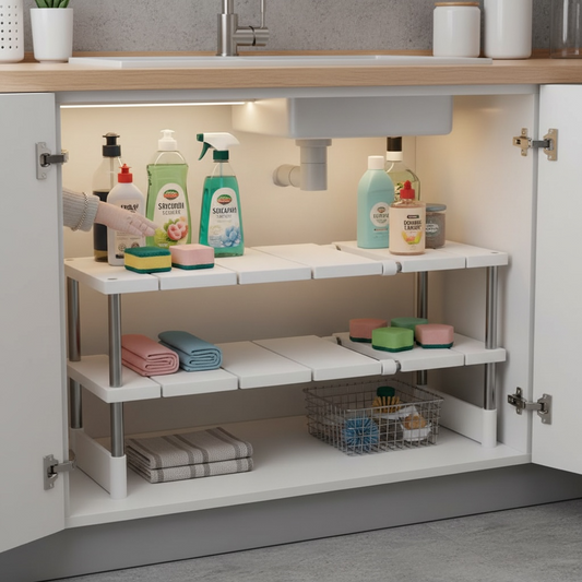 Extendable Stainless Steel Under-Sink Storage Rack – Adjustable Single/Double Layer Organizer