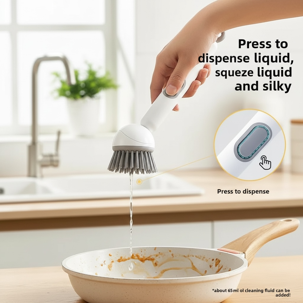 Liquid-Dispensing Long Handle Dish Brush with Soap & Hook