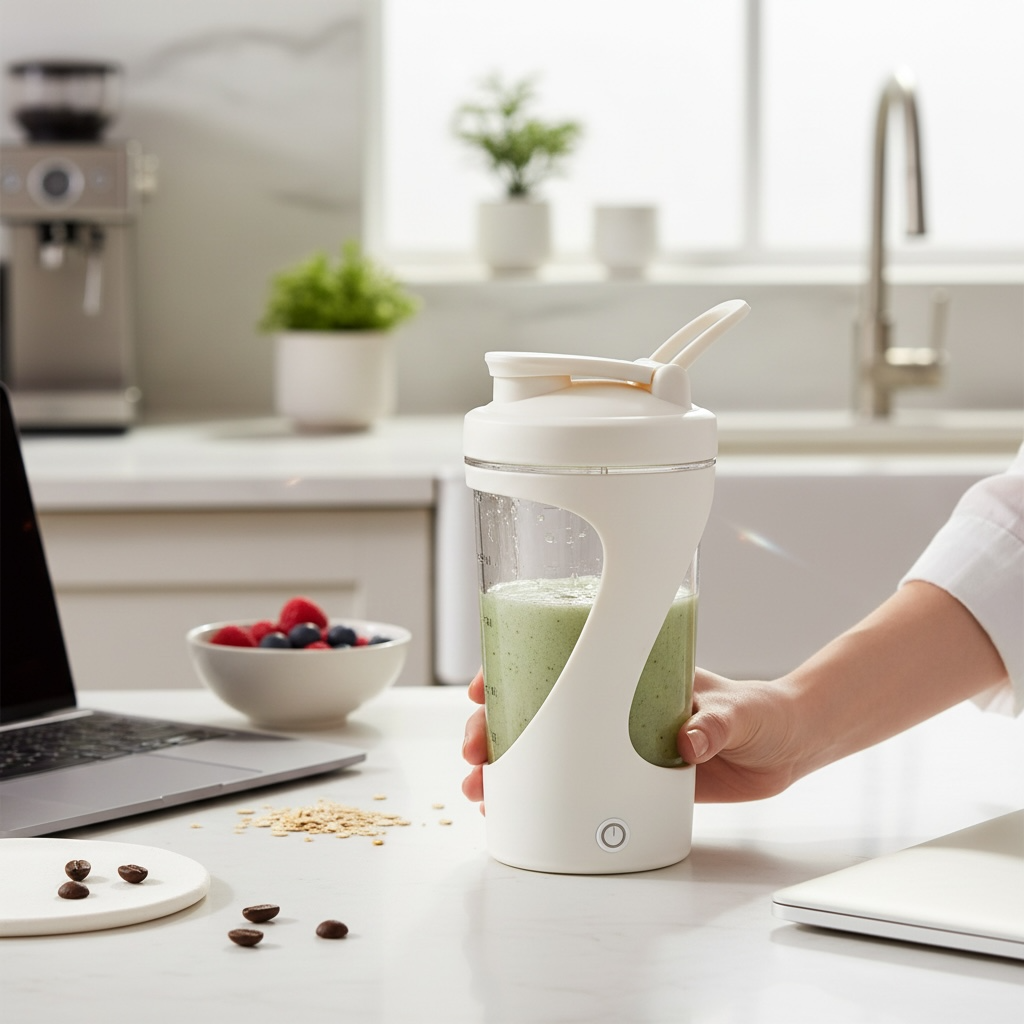 Electric self-stirring mixing cup on kitchen counter