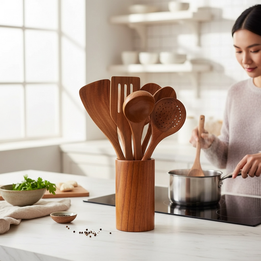 Natural Acacia Wood Kitchen Utensil Set | Non-Stick Safe