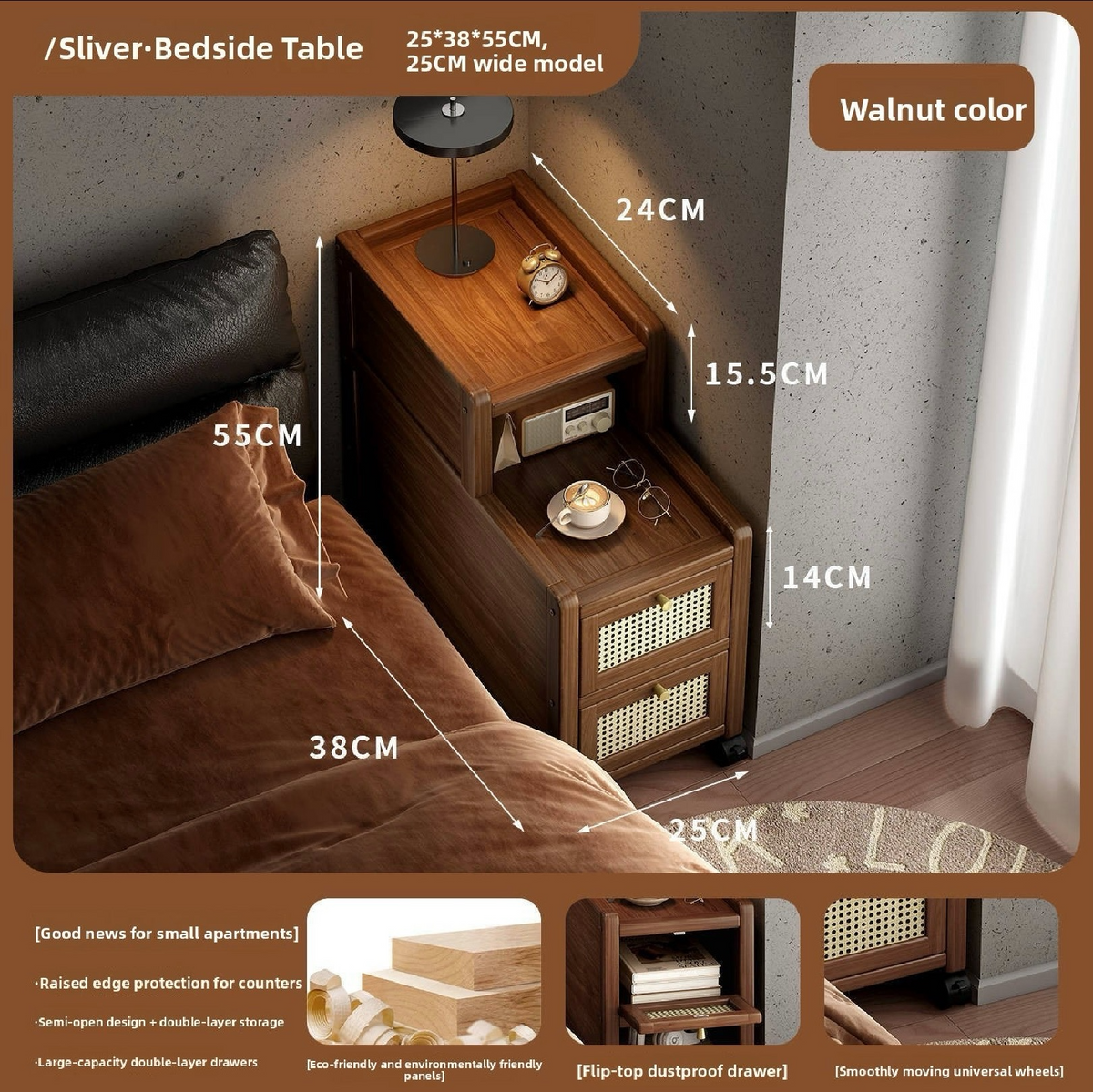 Narrow Bedside Table with Storage Shelf