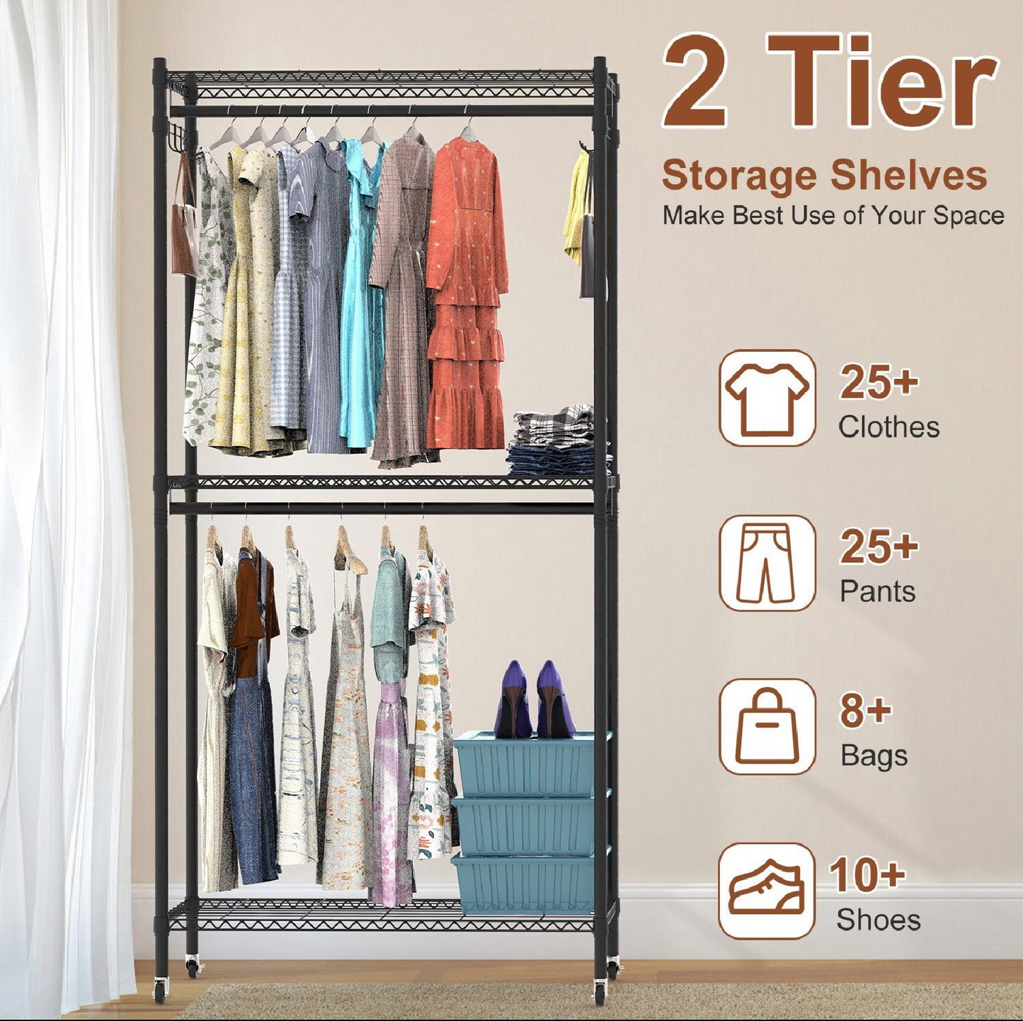 2-Tier Covered Wardrobe Rack with Wheels – Heavy-Duty Portable Clothes Closet Organizer