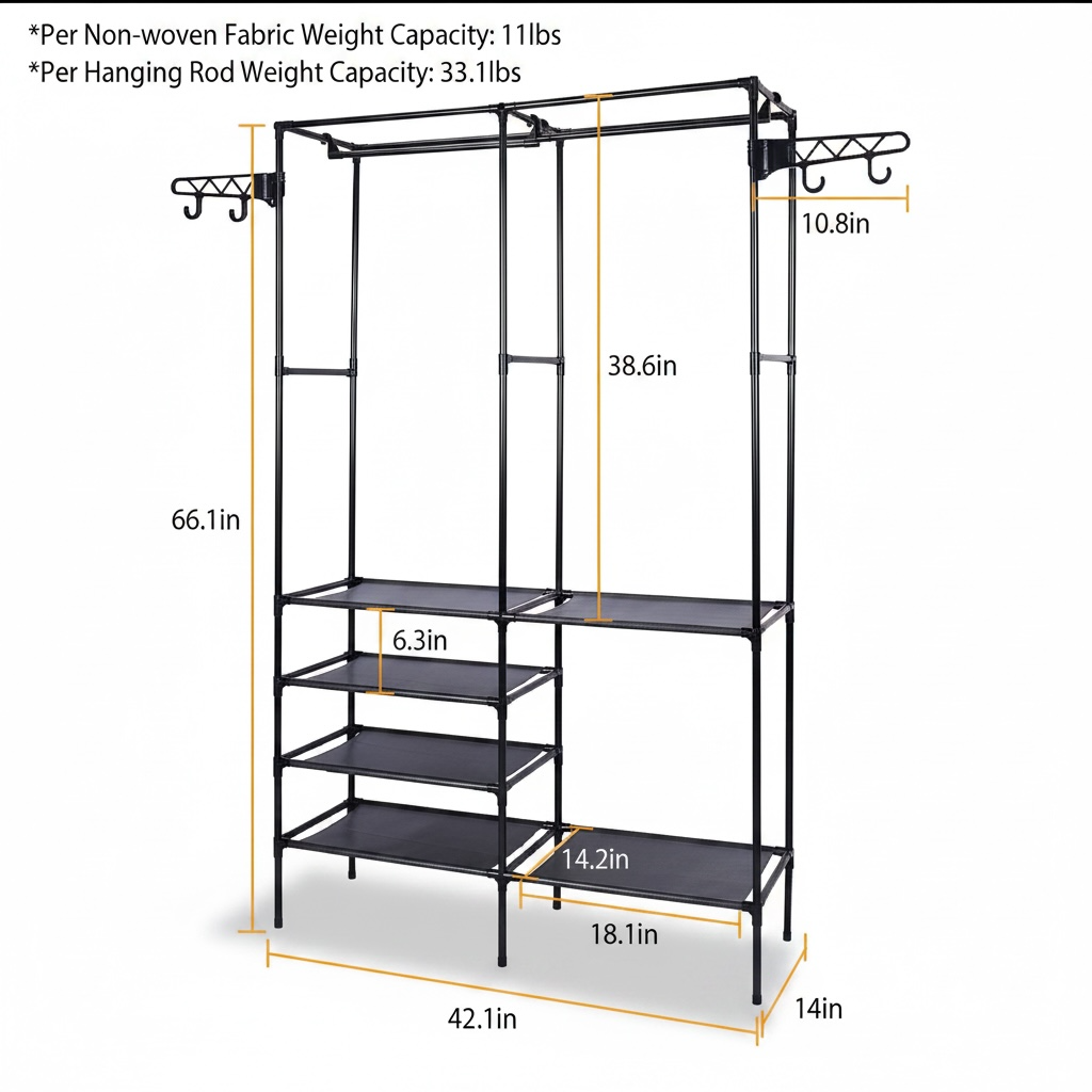 Heavy-Duty Freestanding Garment Rack with Shelves – Double Hanging Rod Closet Organizer (Black/White)