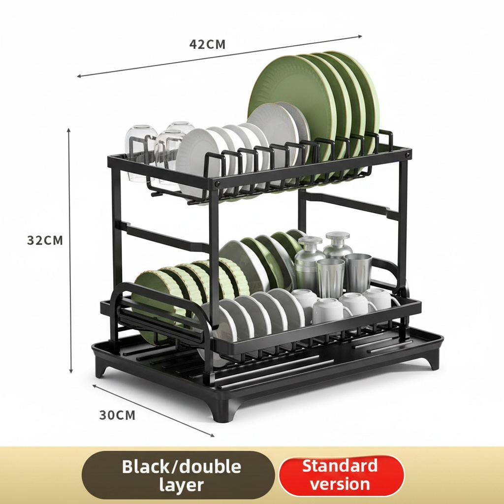 Double-Layer Self-Draining Dish Rack – Carbon Steel Countertop Kitchen Drying Rack