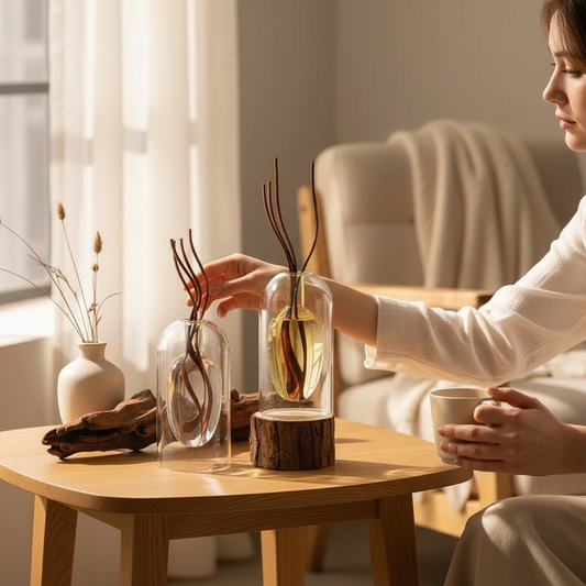 Luxe Aura reed diffuser bottle with reeds on modern side table