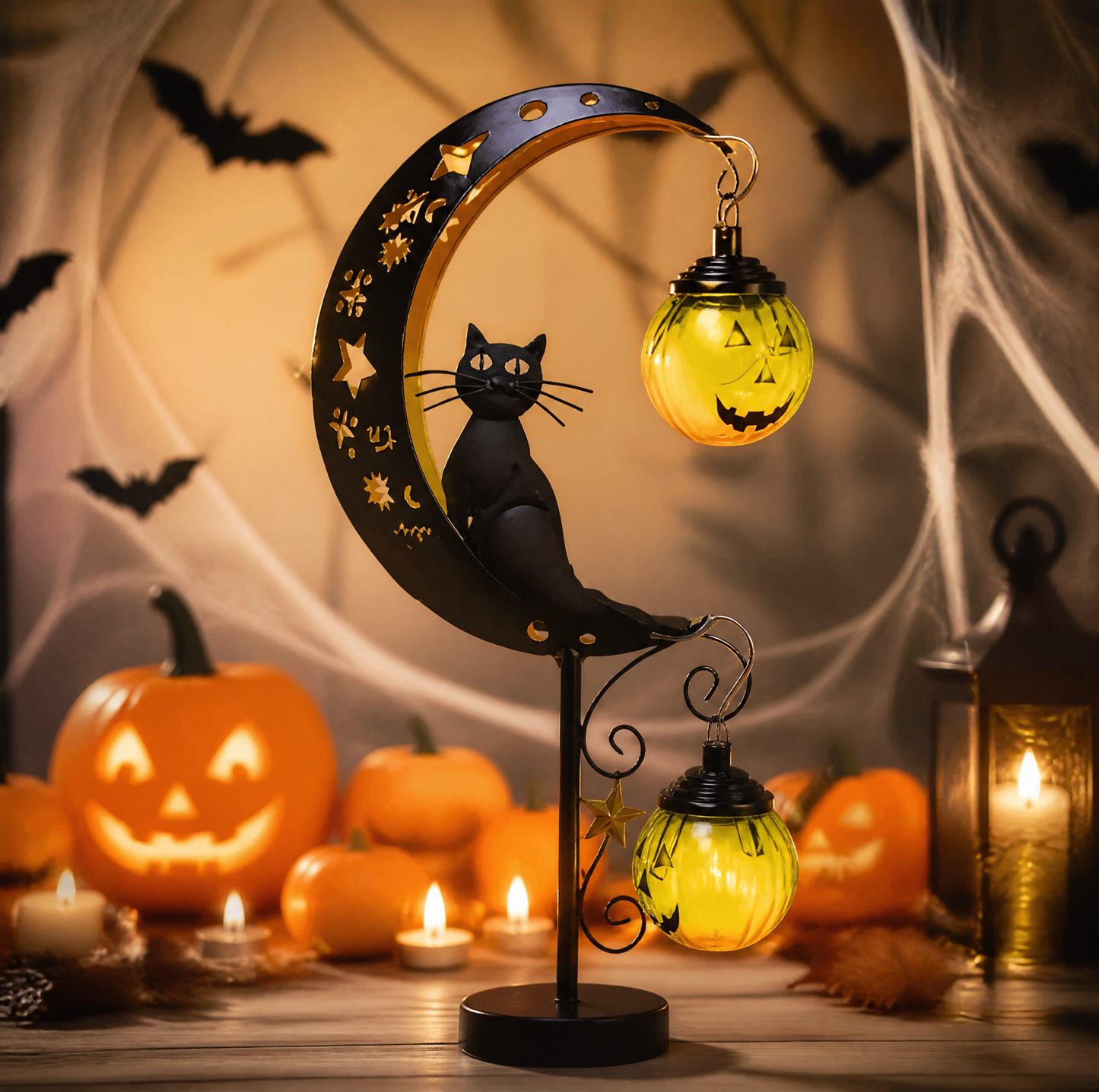 Halloween Metal Ground Lamp – Spooky Black Cat, Pumpkin & Ghost Outdoor Decor Light