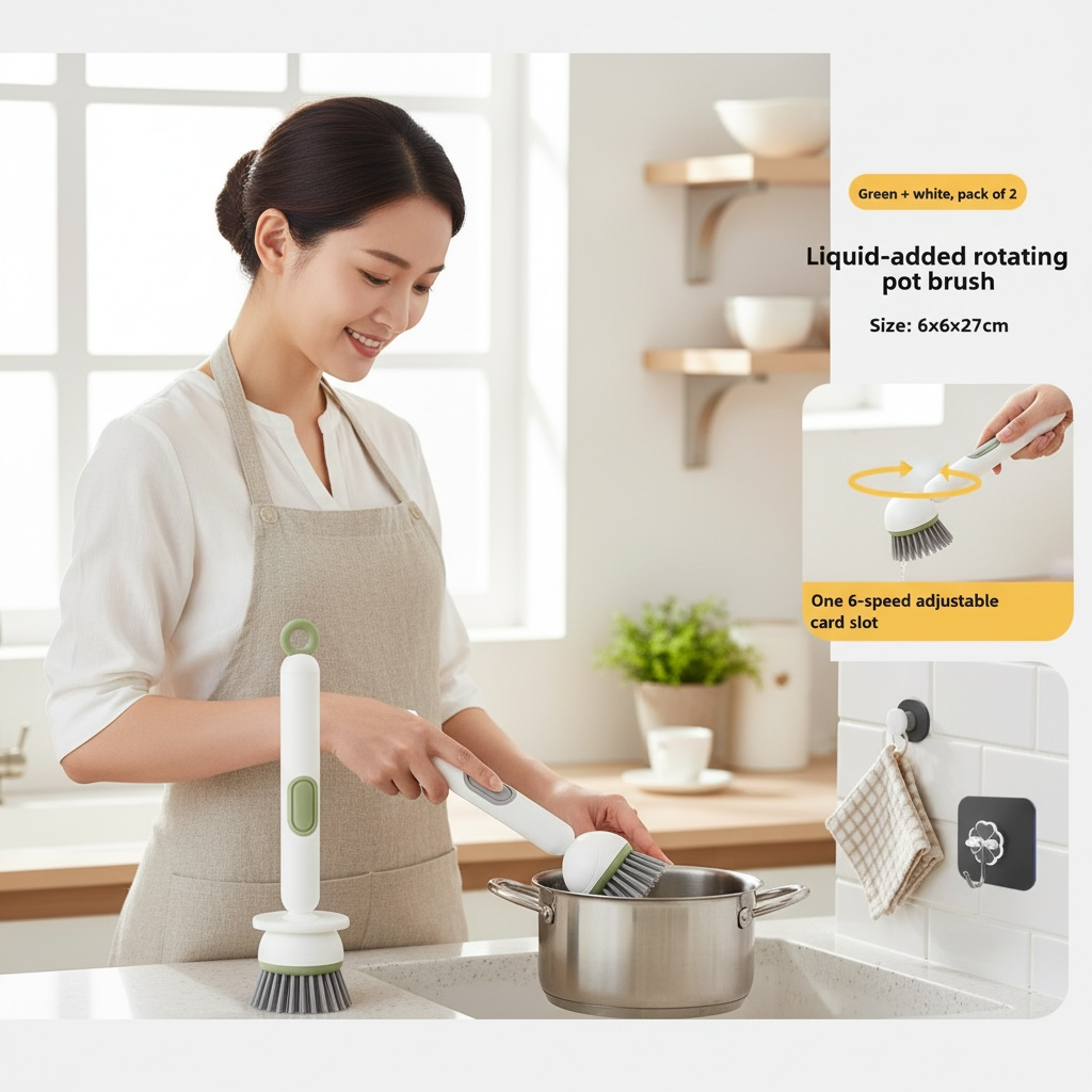 Liquid-Dispensing Long Handle Dish Brush with Soap & Hook