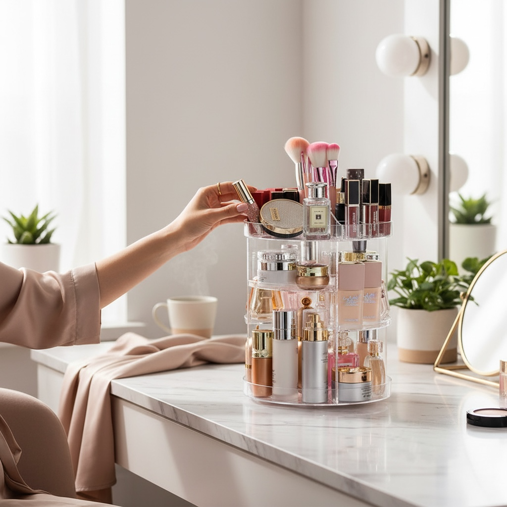 360° Rotating Acrylic Makeup Organizer – 4-Tier Adjustable Cosmetic Storage Carousel