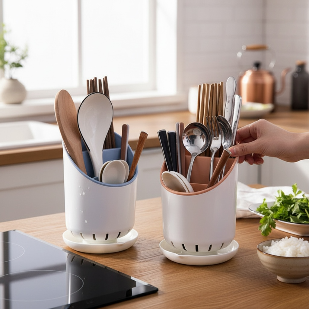 Multi-Layer Draining Chopstick & Utensil Holder – Round Countertop Kitchen Organizer