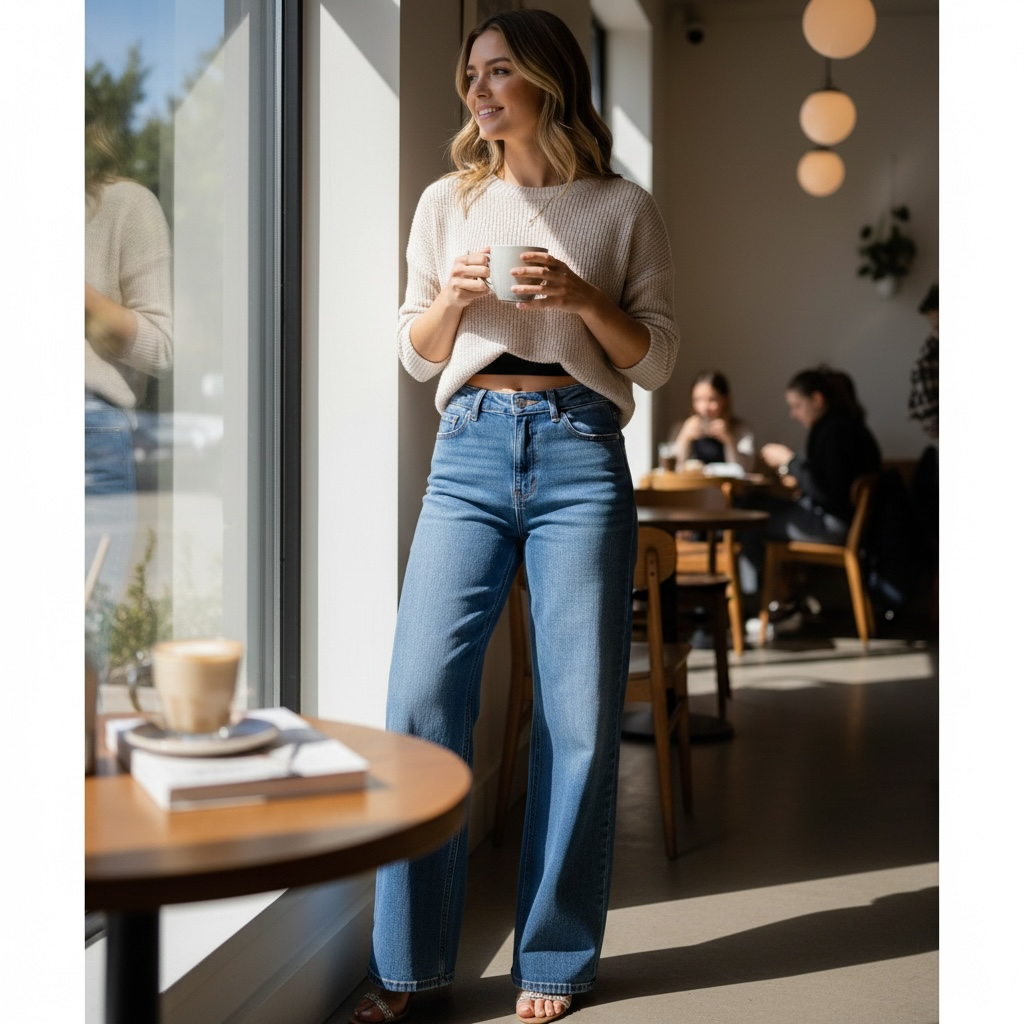 Butt-Lift Stretch Wide-Leg Jeans – Mid-Low Rise Elastic Denim