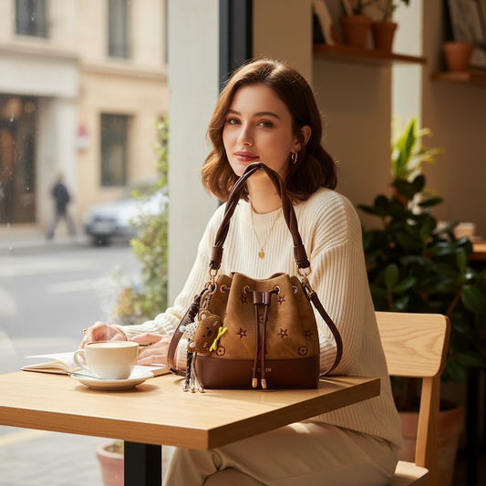 Women’s Two-Tone Bucket Crossbody Bag with Drawstring Closure