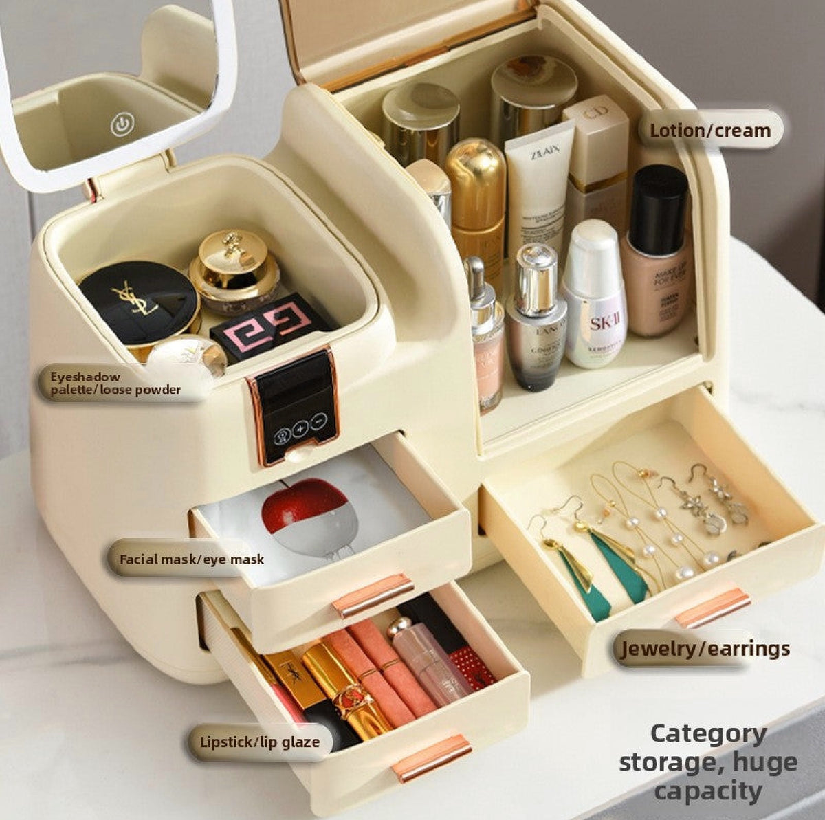 Cosmetic Storage Box with LED Light and Mirror