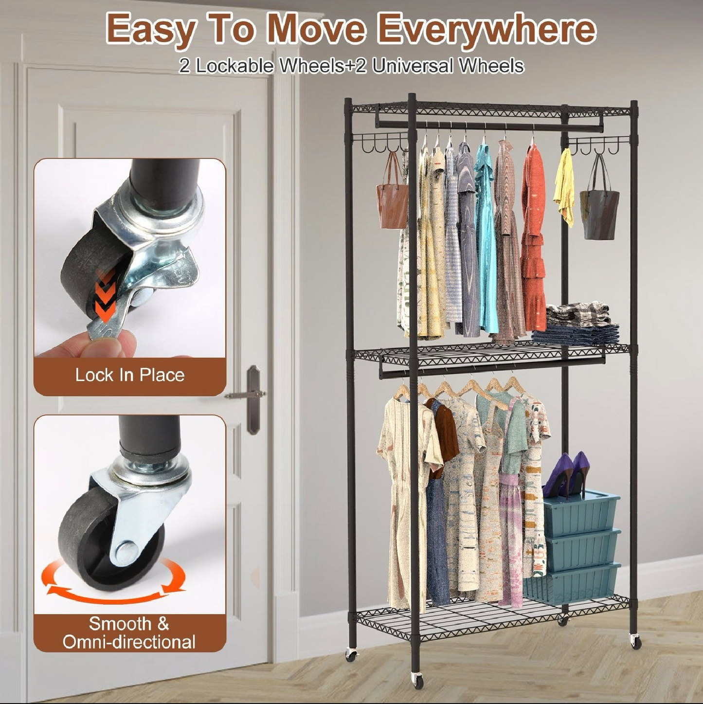 2-Tier Covered Wardrobe Rack with Wheels – Heavy-Duty Portable Clothes Closet Organizer