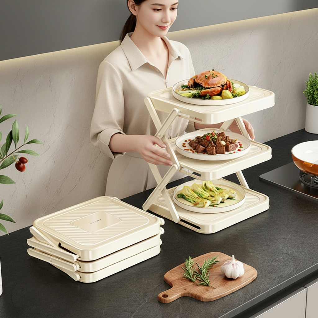 Foldable 3-Tier Kitchen Counter Rack – Space-Saving Fruit, Vegetable & Dish Organizer