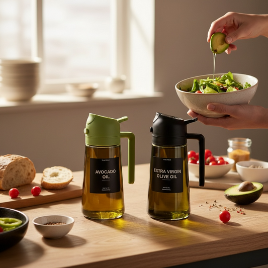 2-in-1 modern glass oil dispenser and sprayer on kitchen counter, front view