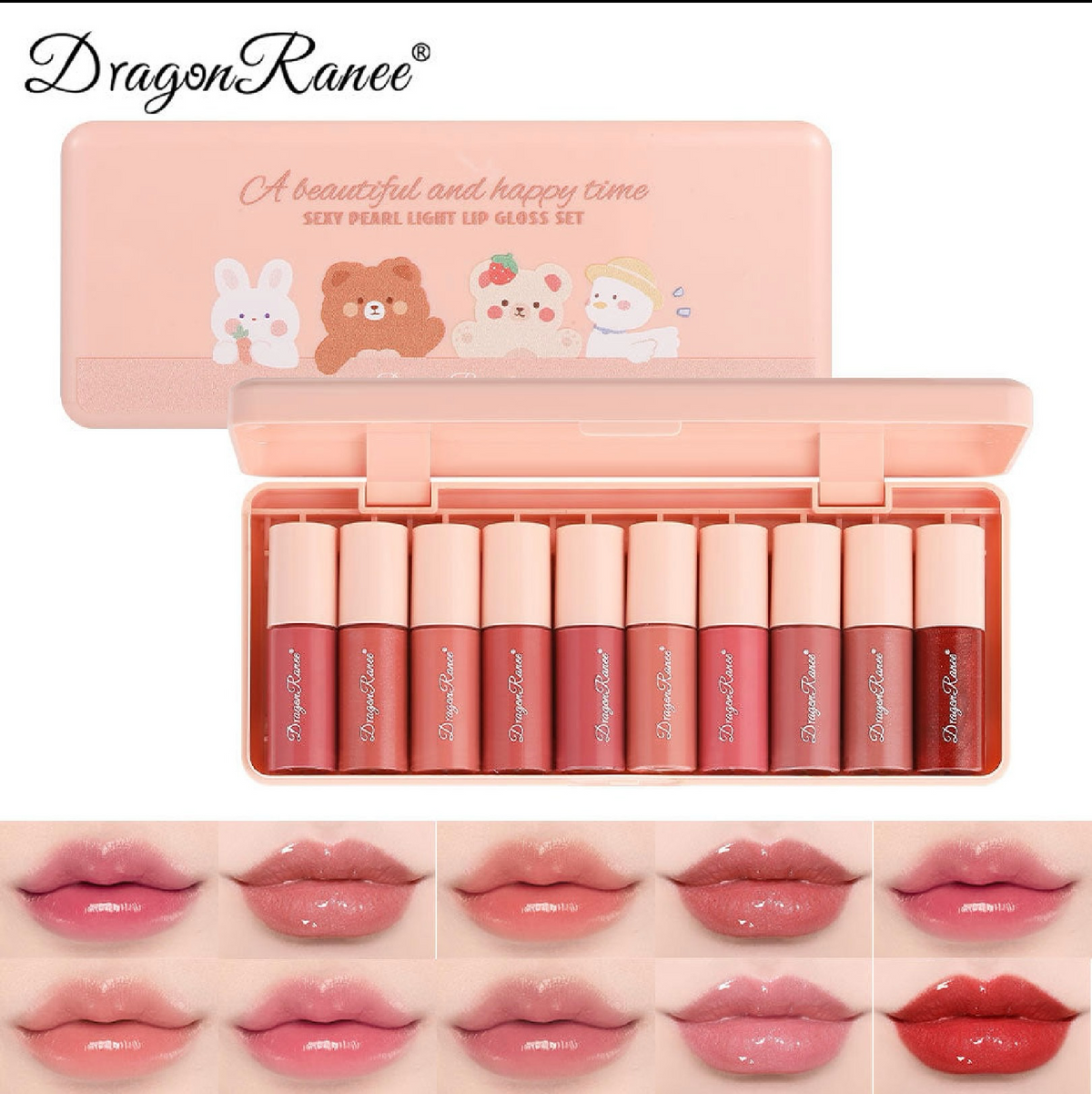 10-Piece Cartoon Lip Gloss Set with Mirror | Hydrating Shimmer Gift