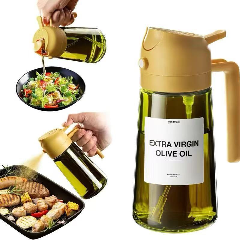 Close-up of 2-in-1 glass oil dispenser showing spray and pour nozzle