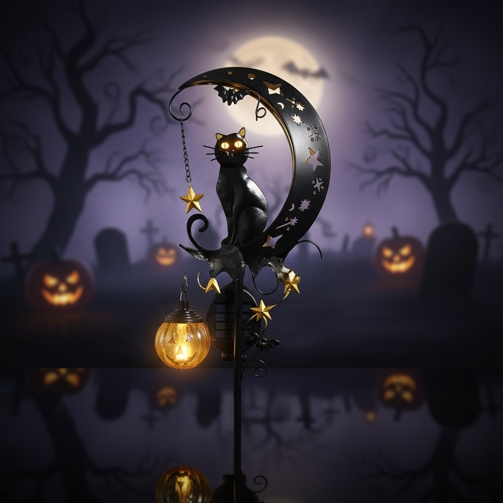 Halloween Metal Ground Lamp – Spooky Black Cat, Pumpkin & Ghost Outdoor Decor Light