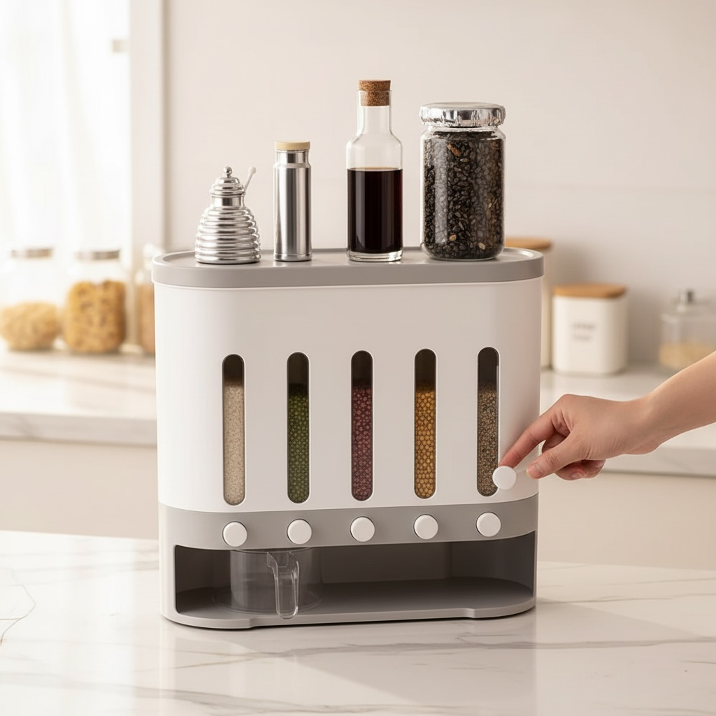 Wall-Mounted Rice & Grain Dispenser – 5-Compartment Sealed Kitchen Storage Organizer
