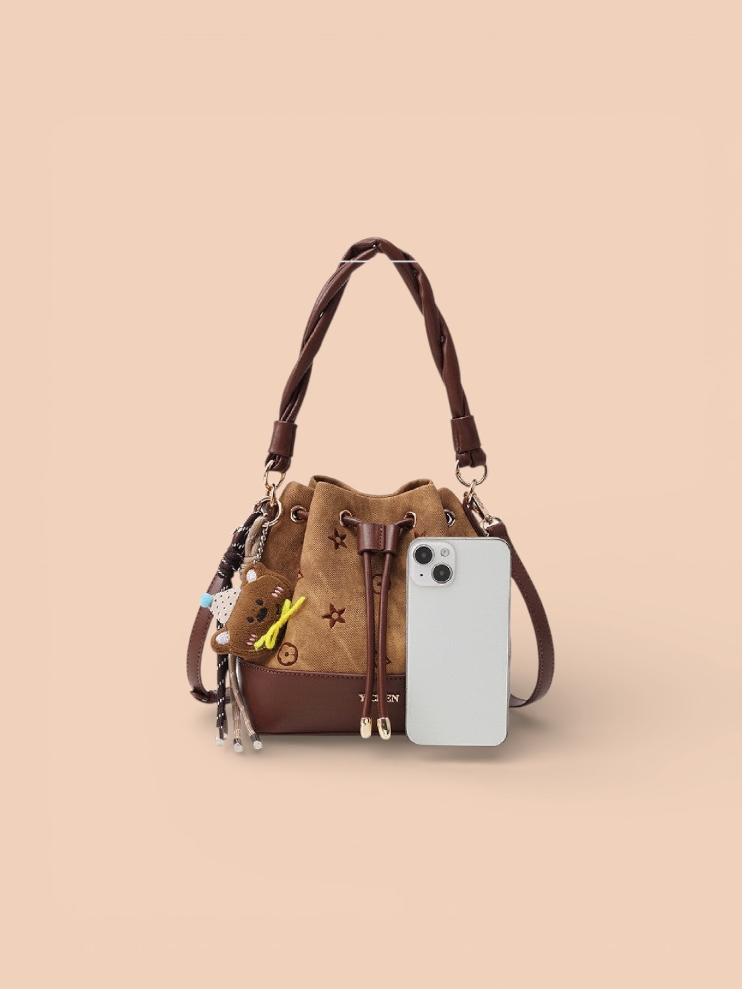 Women’s Two-Tone Bucket Crossbody Bag with Drawstring Closure