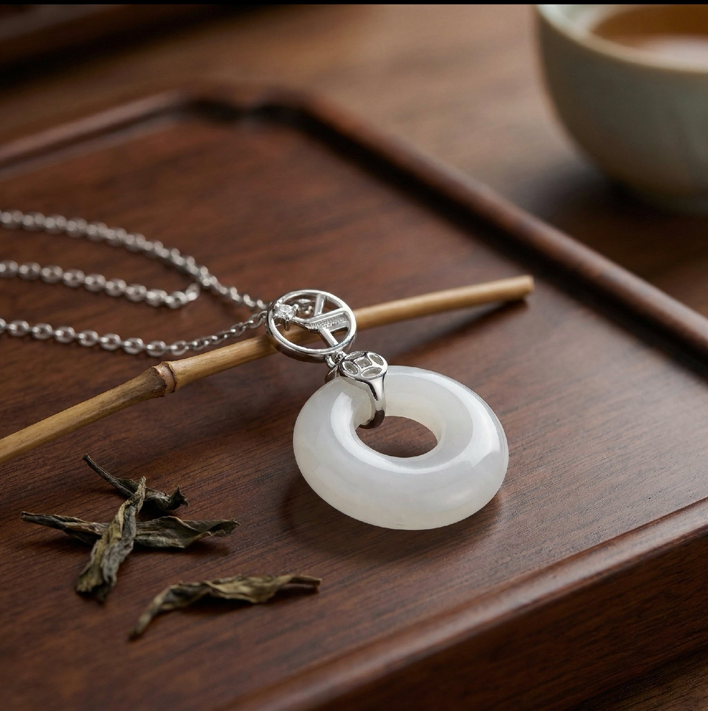 White Jade Ping An Kou Peace Pendant Necklace – Sterling Silver Ancient Coin Bail