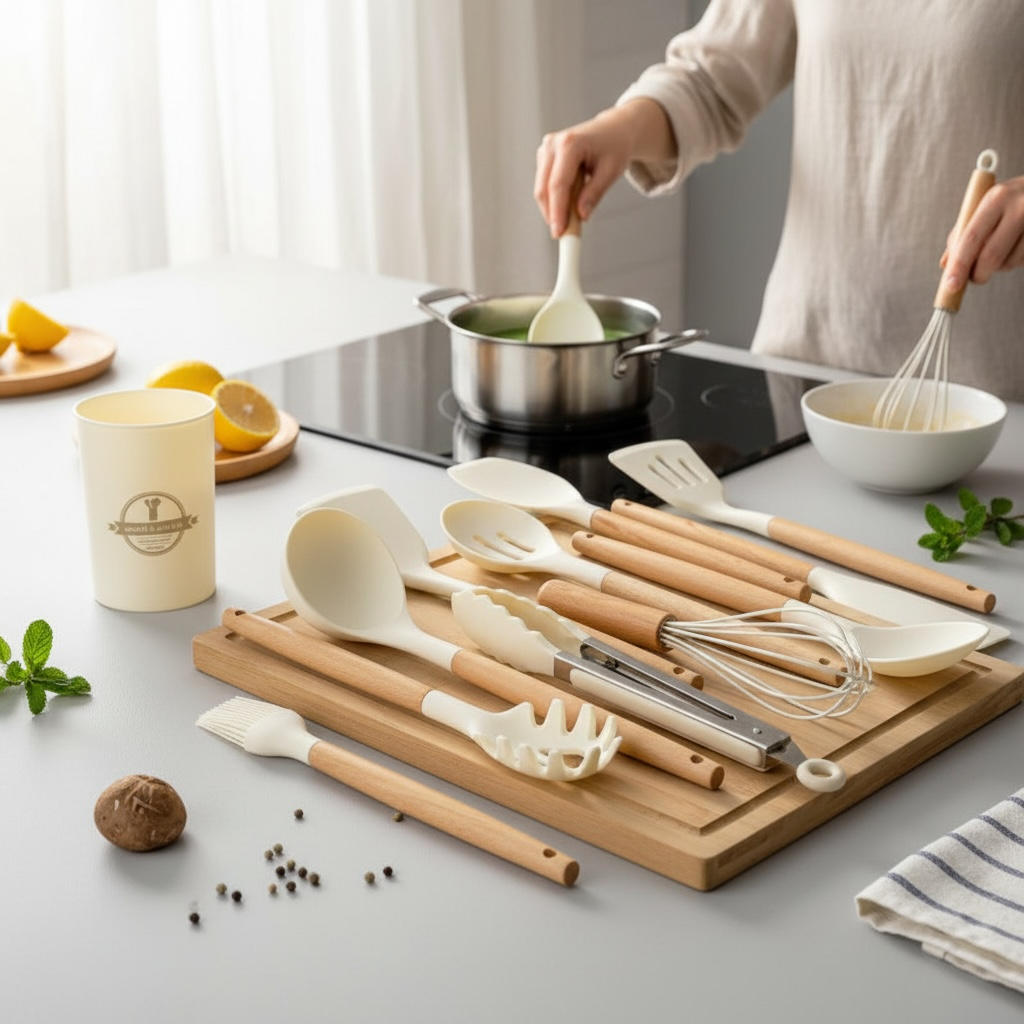 12-Piece Silicone Kitchen Utensil Set with Wooden Handles – Heat-Resistant Non-Stick Cooking Tools