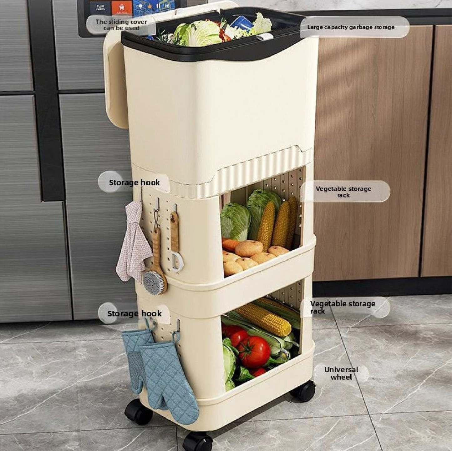 12L Multi-Layer Kitchen Trash Can – Push-Open Square Bin with Wheels