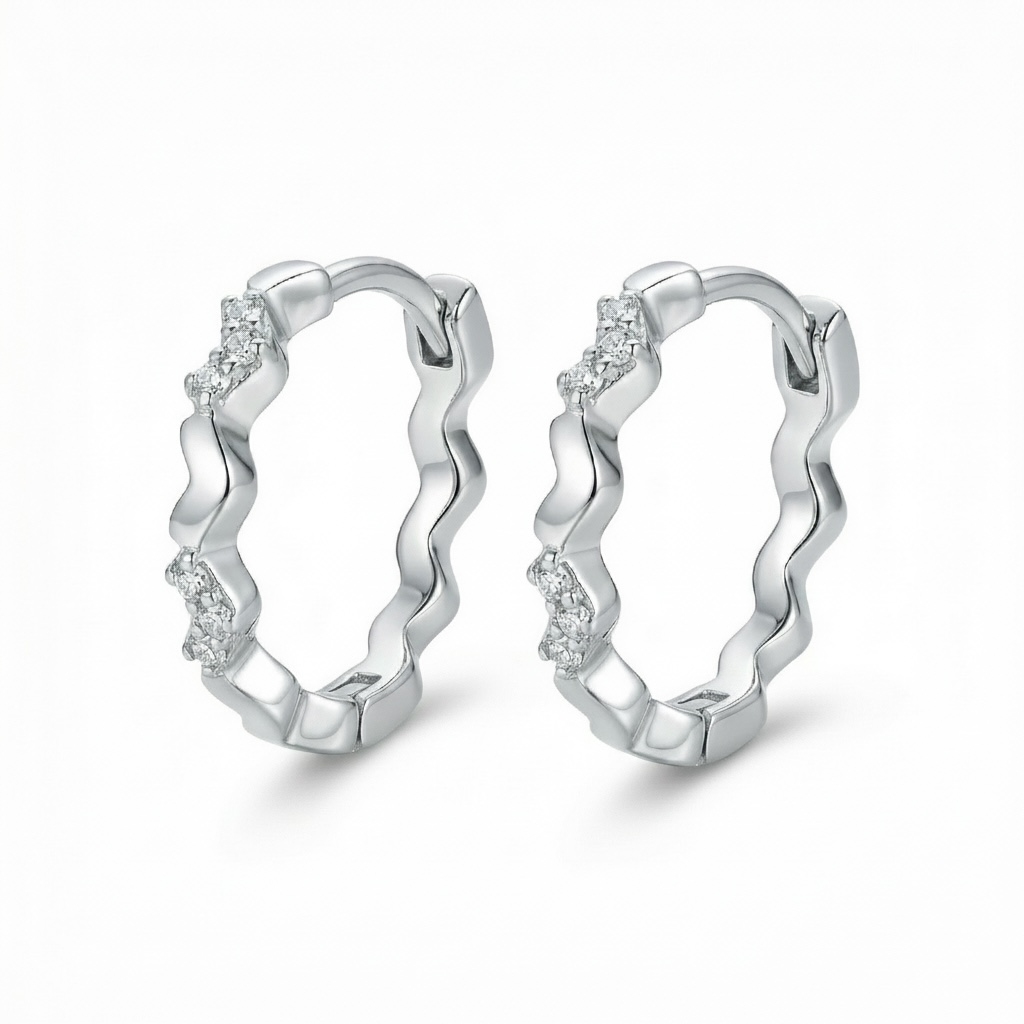 Wavy Silver Huggie Hoop Earrings – Scalloped CZ Accent Hoops