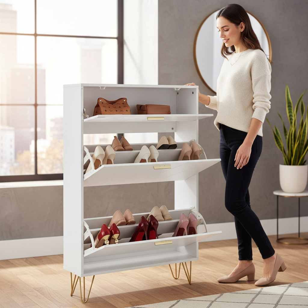 3-Tier Shoe Cabinet – Slim Flip Drawer Storage