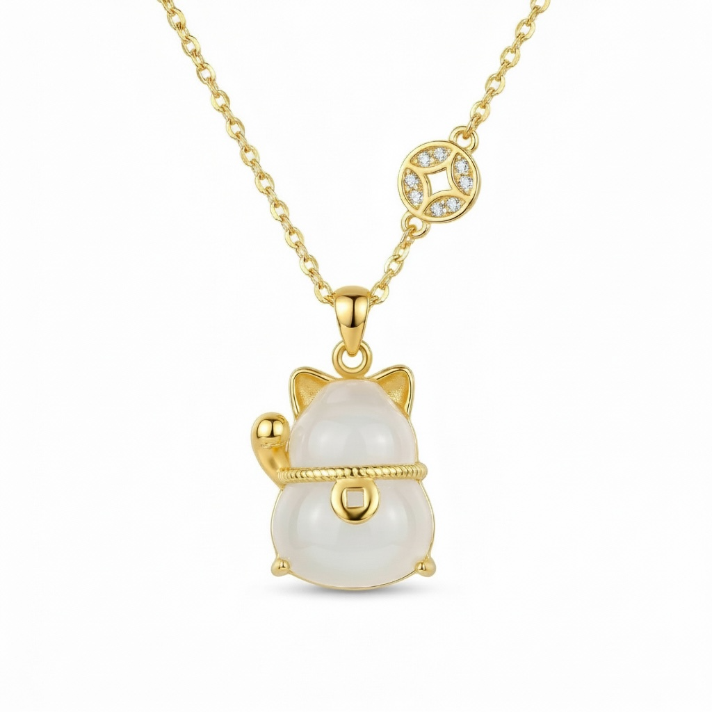 Maneki-Neko Lucky Cat Gemstone Necklace – Good Fortune Pendant with CZ Coin Charm