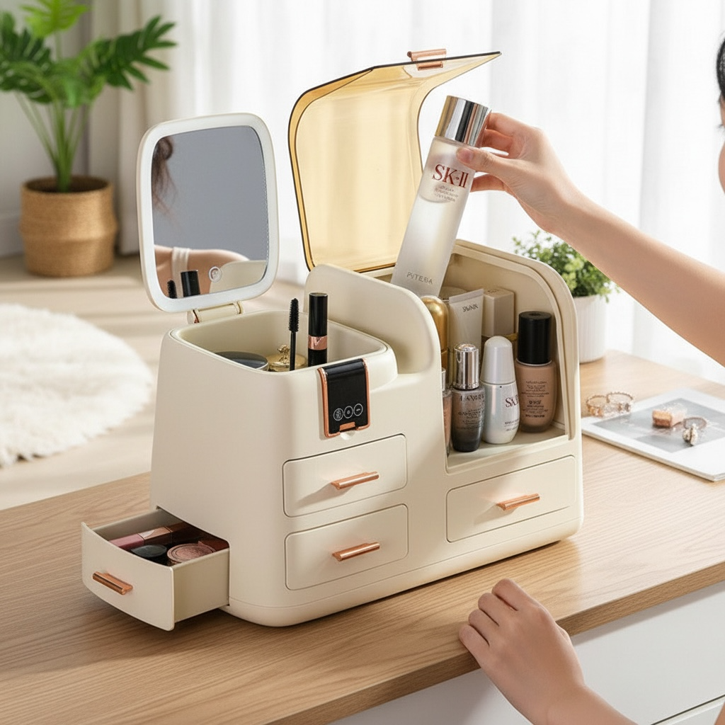 Cosmetic Storage Box with LED Light and Mirror