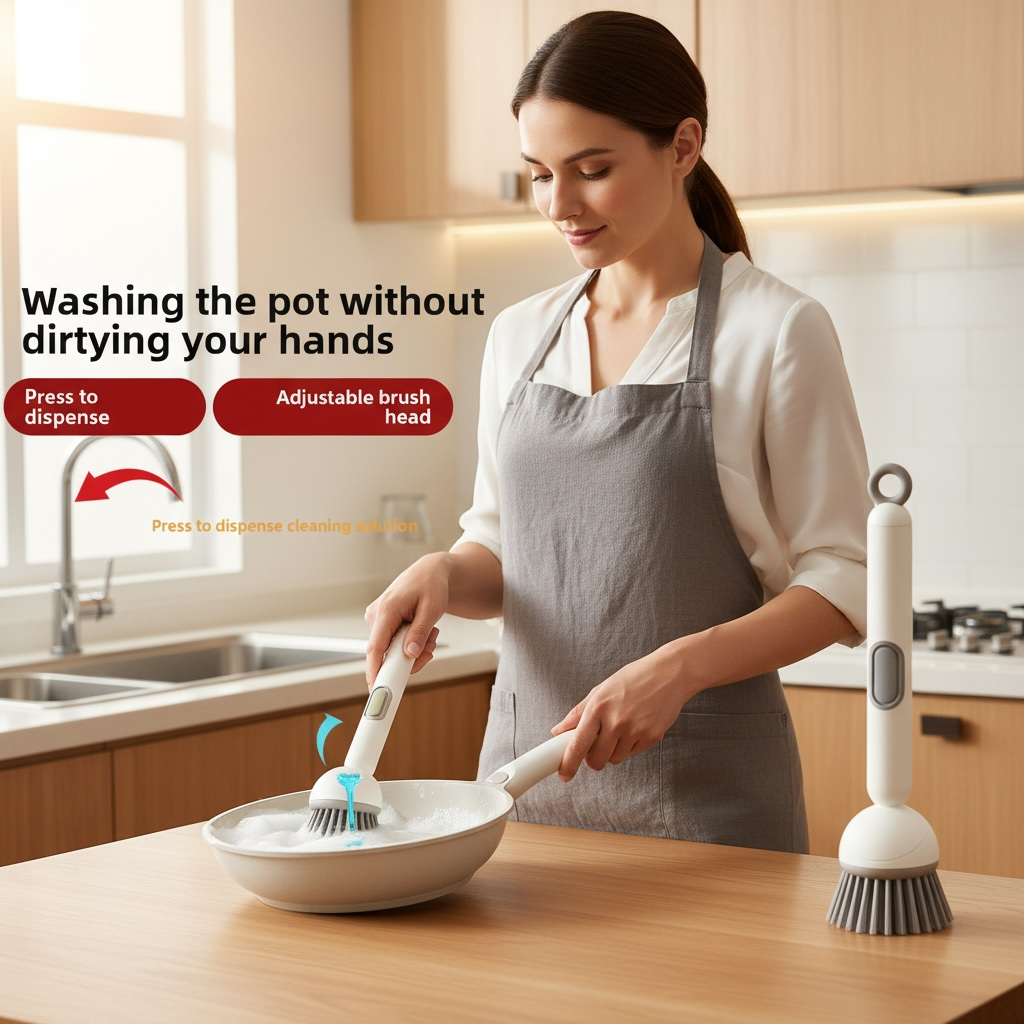 Liquid-Dispensing Long Handle Dish Brush with Soap & Hook