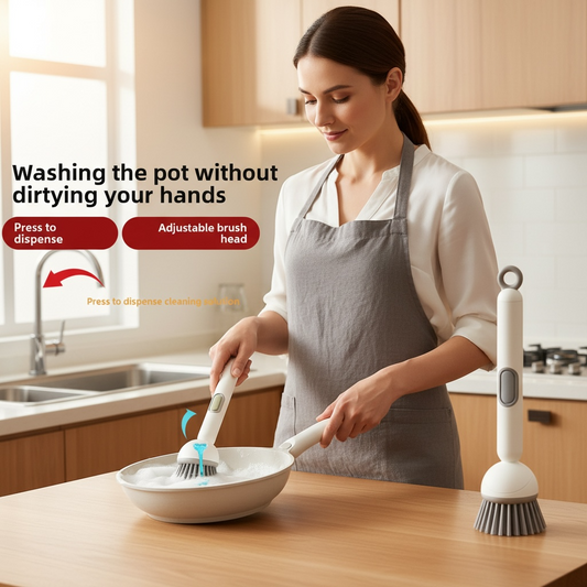 Liquid-Dispensing Long Handle Dish Brush with Soap & Hook