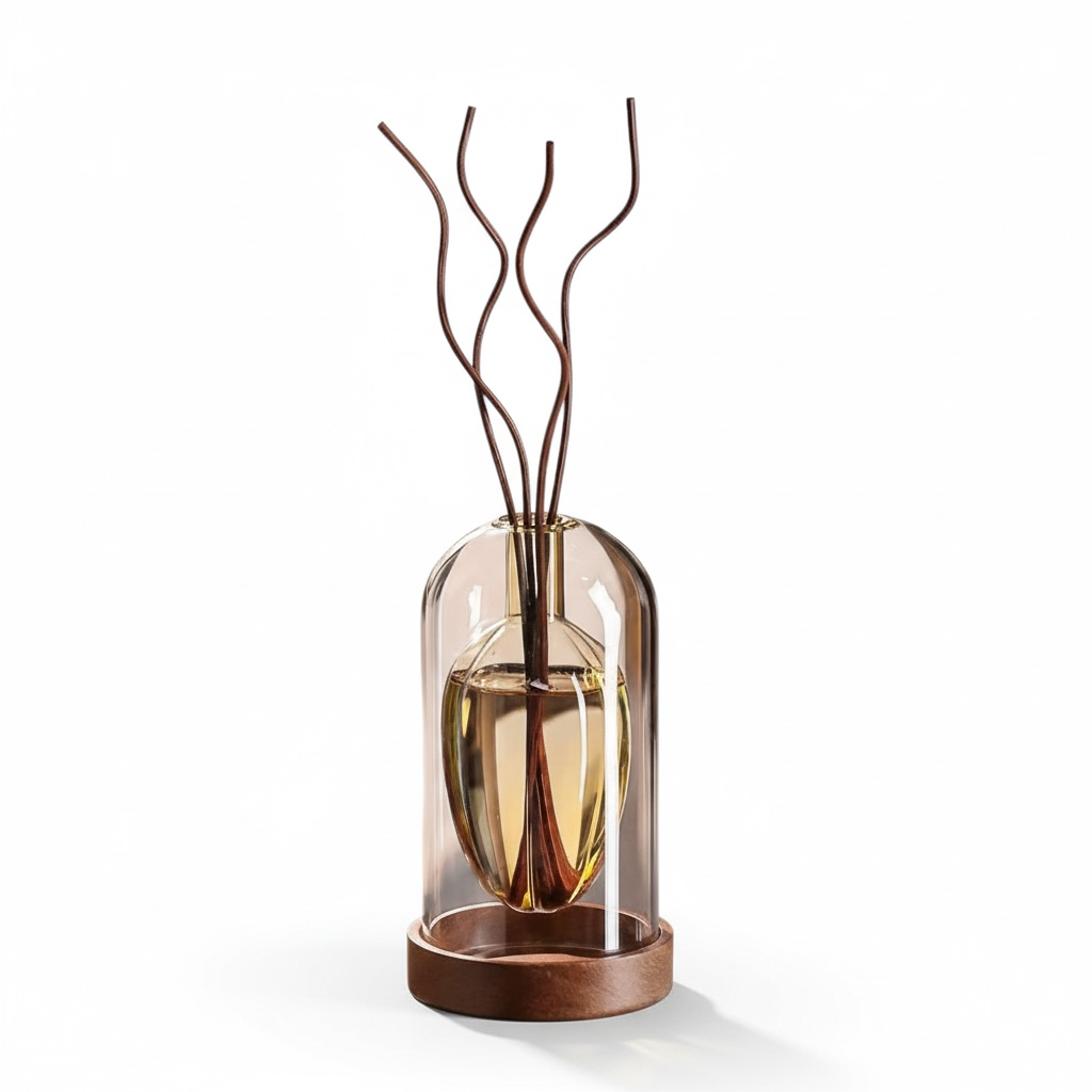 Close-up of Luxe Aura diffuser reeds in frosted glass bottle
