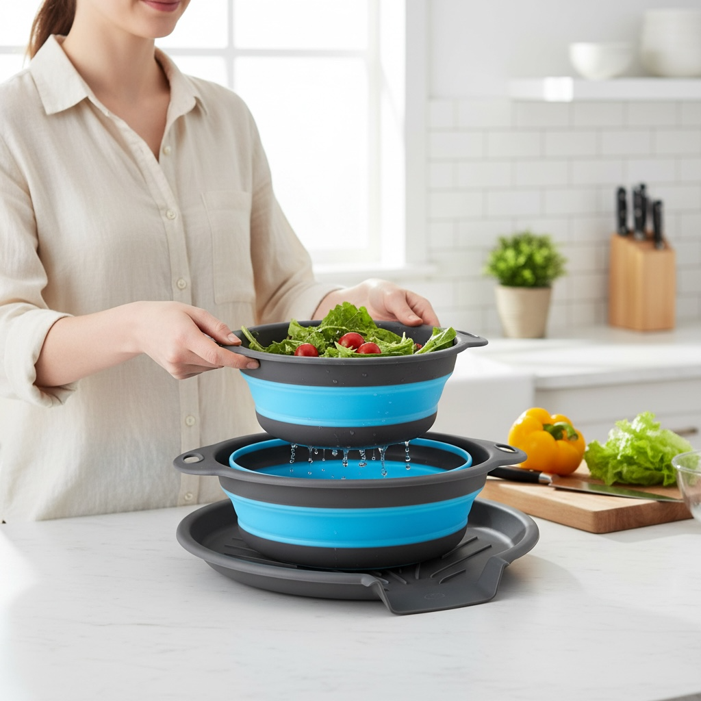 4-Piece Collapsible Colander Set with Tray | Space-Saving Strainer